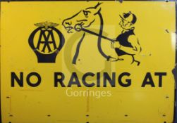 An A.A. enamelled road sign 'No Racing at ...', 30 x 42in.