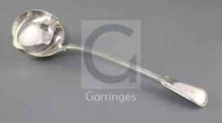 A Victorian silver fiddle and thread pattern double lipped soup ladle, by George Adams, with