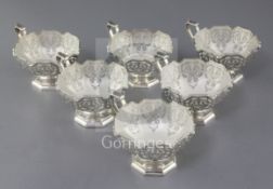 A set of six 1930's pierced silver single handled sundae dishes by Mappin & Webb, with frosted glass