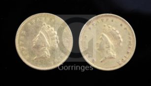 Two United States of America one dollar gold coins, (Type II, 15mm diameter), Indian Head, both