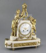 A Louis XVI revival ormolu mounted marble mantel clock, the 4 inch enamel Arabic dial with gilt