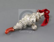 A Victorian silver child's rattle by Colen Hewer Cheshire, with coral teether, Birmingham, 1879,