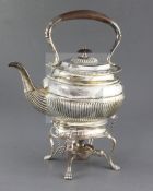 A late Victorian demi-fluted silver tea kettle on stand, with burner, Henry Howson, of oval form,