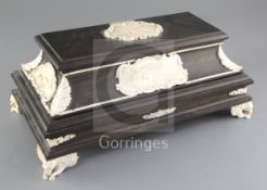 A late 19th century Indian ivory and ebony Trivandrum School of Arts casket, applied with views of