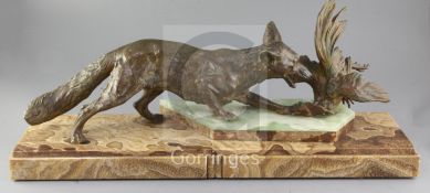 An early 20th century French bronze group of a fox and cockerel, on coloured marble plinth, width