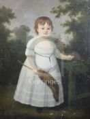 Early 19th centuryoil on canvasPortrait of a child, standing holding a foxtail, a silver rattle