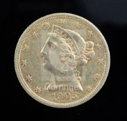 A United States of America five dollar gold Half Eagle, 1905, Liberty Head, 8.3g, GVF