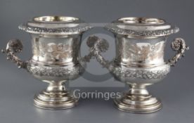 A pair of 19th century Old Sheffield plate Campana vase shaped wine coolers and liners, with