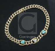 An Edwardian 15ct gold, turquoise and diamond set curb link bracelet, approx. 19.4cm.