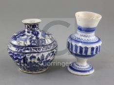 A Safavid underglaze blue and black pottery jar, 17th century, and a tin-glaze pottery vase, with