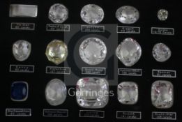 A cased set of fifteen facet cut paste "Historical diamonds", including Grand Mogul, Kohinoor,