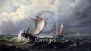 John Moore of Ipswich (1820-1902)pair of oils on wooden panelsFishing boats off the coastsigned8.5 x