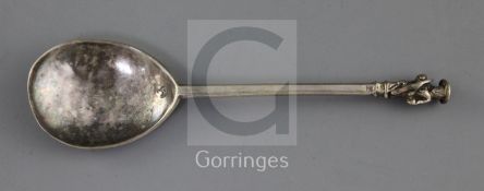 A mid 17th century apostle spoon, with prick dot initials, three marks stamped on stem and one to