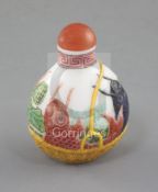 A Chinese enamelled white glass snuff bottle, moulded and decorated with three carp in a basket amid