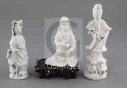 A Chinese Dehua blanc de chine seated figure of Guanyin, 17th century, together with two further