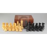 A Jaques & Son Staunton boxwood and ebony chess set, in mahogany box, with green 'two prize medals