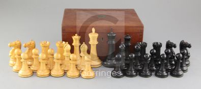 A Jaques & Son Staunton boxwood and ebony chess set, in mahogany box, with green 'two prize medals