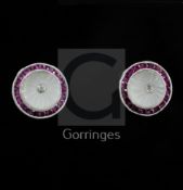 A pair of 1920's style 18ct white gold, ruby and diamond set rock crystal? ear studs, of fluted