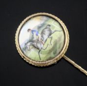 T.E.Shaw (19th C.) a gold mounted enamel tiepin decorated with a horse and jockey 'Steel Grey'