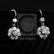 A pair of antique gold and diamond cluster drop earrings, 14mm.