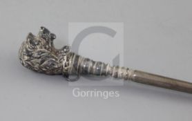 A Victorian novelty silver buttonhook, the terminal modelled as the head of a dog, London, 1888,