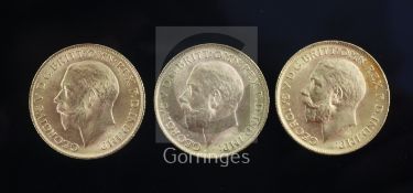Three George VI gold sovereigns, 1912 and two 1913, all EF