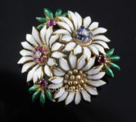 An 18ct gold, two colour enamel and multi gem set flower head brooch, 33mm.