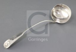 A Victorian provincial silver fiddle and shell pattern soup ladle, by John Walton, with engraved