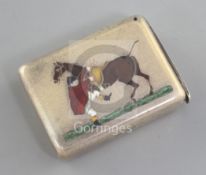 A late Victorian novelty silver and enamel vesta case, decorated with a large gentleman attempting