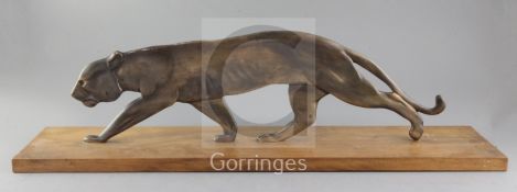 A French Art Deco bronze model of a prowling panther, on hardwood plinth, width 27.5in.