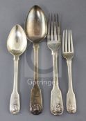 A part canteen of George III/George IV silver double struck fiddle and shell pattern flatware by