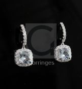 A pair of modern 18ct white gold, aquamarine and diamond set drop earrings, 22mm.