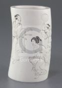 A Japanese ivory tusk vase, Meiji period, carved in relief with dancing figures, engraved five