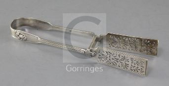 A pair of early Victorian silver fiddle, thread and shell pattern asparagus tongs by Mary Chawner,