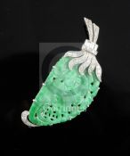 A white gold mounted carved jadeite and diamond gourd brooch, set with round and baguette cut