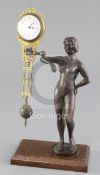 A late 19th century German bronze mystery timepiece, the female nude with raised arm, signed 'S.