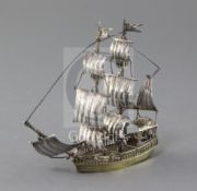 A late 19th/early century Hanau silver gilt model of a Brig, with Berthold Hermann Muller import