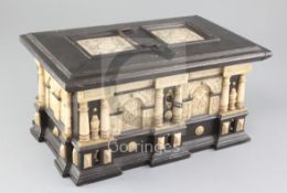 A 17th century Malines alabaster mounted ebonised casket, of characteristic design, inset with