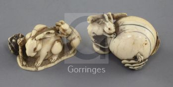 Two Japanese ivory netsuke of hares, 19th century, the first carved as the hare and moon, standing