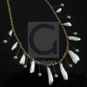 An Edwardian 9ct gold, turquoise and baroque pearl drop necklace, in Challoner & Mitchell box,