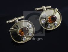 A pair of 18ct gold, citrine and diamond set oval cufflinks, 21mm