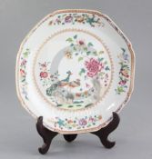 A Chinese export famille rose 'double peacock' octagonal dish, Qianlong period, width 24.5cm