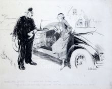 Bertram Prance (b.1899)pen and inkYoung lady motorist (in conflict with the law nastily) - "If it