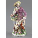 A Bow porcelain figure of a lady seller, c.1765, the oval base encrusted with flowers, iron red
