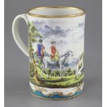 A rare Worcester tankard or mug, c.1780, painted with gentlemen and a lady hare coursing in a