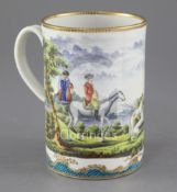 A rare Worcester tankard or mug, c.1780, painted with gentlemen and a lady hare coursing in a