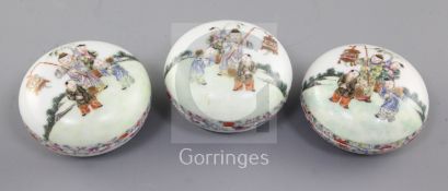 A set of three Chinese famille rose boxes, liners and covers, 19th century, each finely painted with