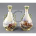 Harry Stinton for Royal Worcester. A pair of two handled bottle vases, c.1909, each painted with