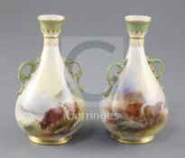 Harry Stinton for Royal Worcester. A pair of two handled bottle vases, c.1909, each painted with