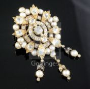 A Victorian style gold split pearl and diamond set oval drop pendant brooch, set with old mine and
